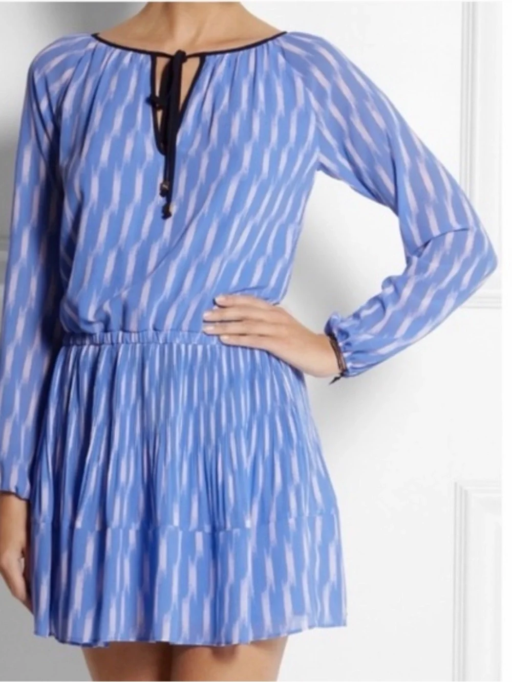 Michael Kors Blue and White Pleated Mini Dress Large